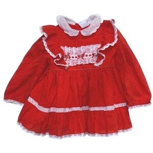 Vtg Girl's Bryan Red White Polka‎ Dot Lace Ruffle Collar Christmas Dress Size 2T
